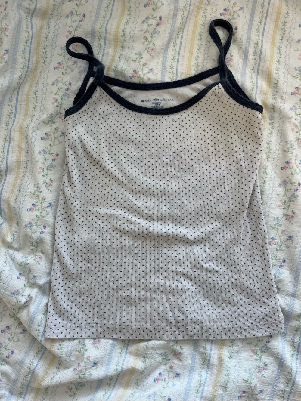 Brandy Melville White and navy polka Dot Tank Top with navy Trim
